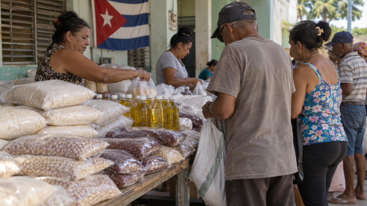 Entrega de bolsas de arroz, granos y botellas de aceite a residentes de Holguín, Cuba.