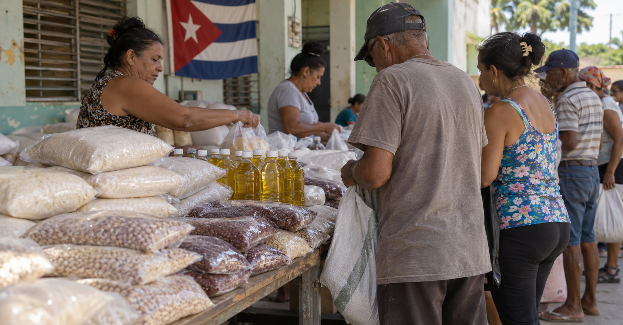 Entrega de bolsas de arroz, granos y botellas de aceite a residentes de Holguín, Cuba.