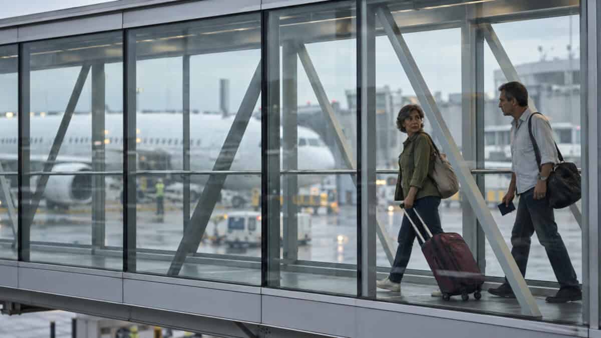 Pareja con equipaje y un pasaporte cerrado camina por un pasillo acristalado de un aeropuerto, con un avión al fondo.