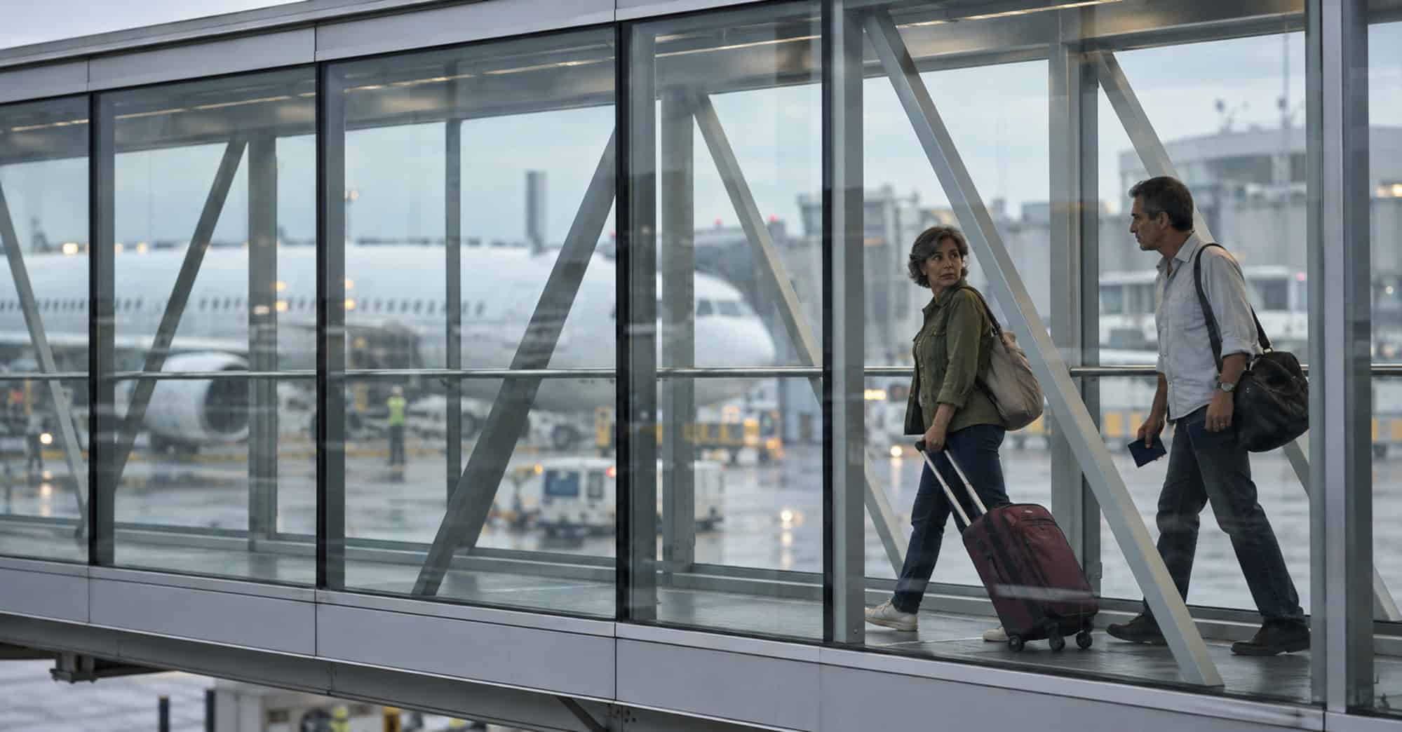 Pareja con equipaje y un pasaporte cerrado camina por un pasillo acristalado de un aeropuerto, con un avión al fondo.