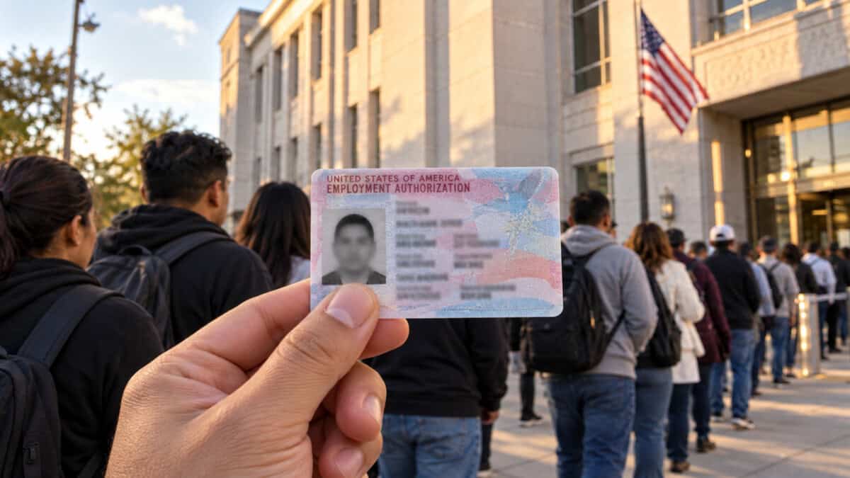Mano sosteniendo una tarjeta ilustrativa de permiso de trabajo EAD ante una fila de personas frente a un edificio estadounidense.