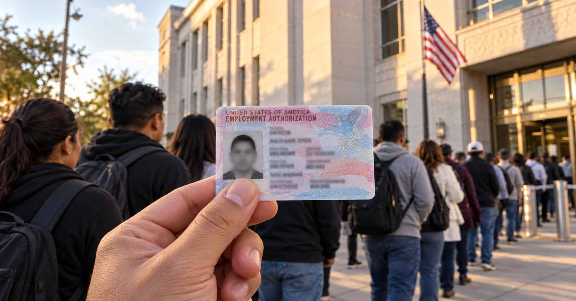 Mano sosteniendo una tarjeta ilustrativa de permiso de trabajo EAD ante una fila de personas frente a un edificio estadounidense.