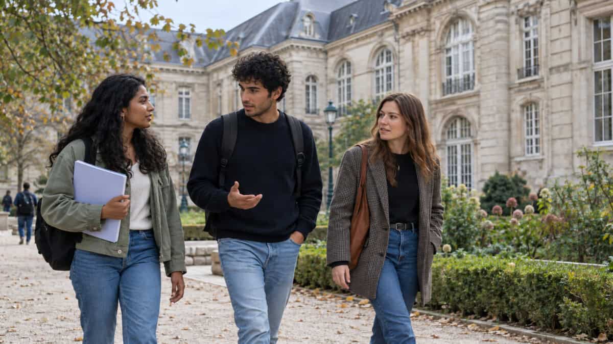 Tres jóvenes con mochilas y carpetas conversan mientras caminan por un campus universitario francés.
