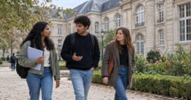 Tres jóvenes con mochilas y carpetas conversan mientras caminan por un campus universitario francés.