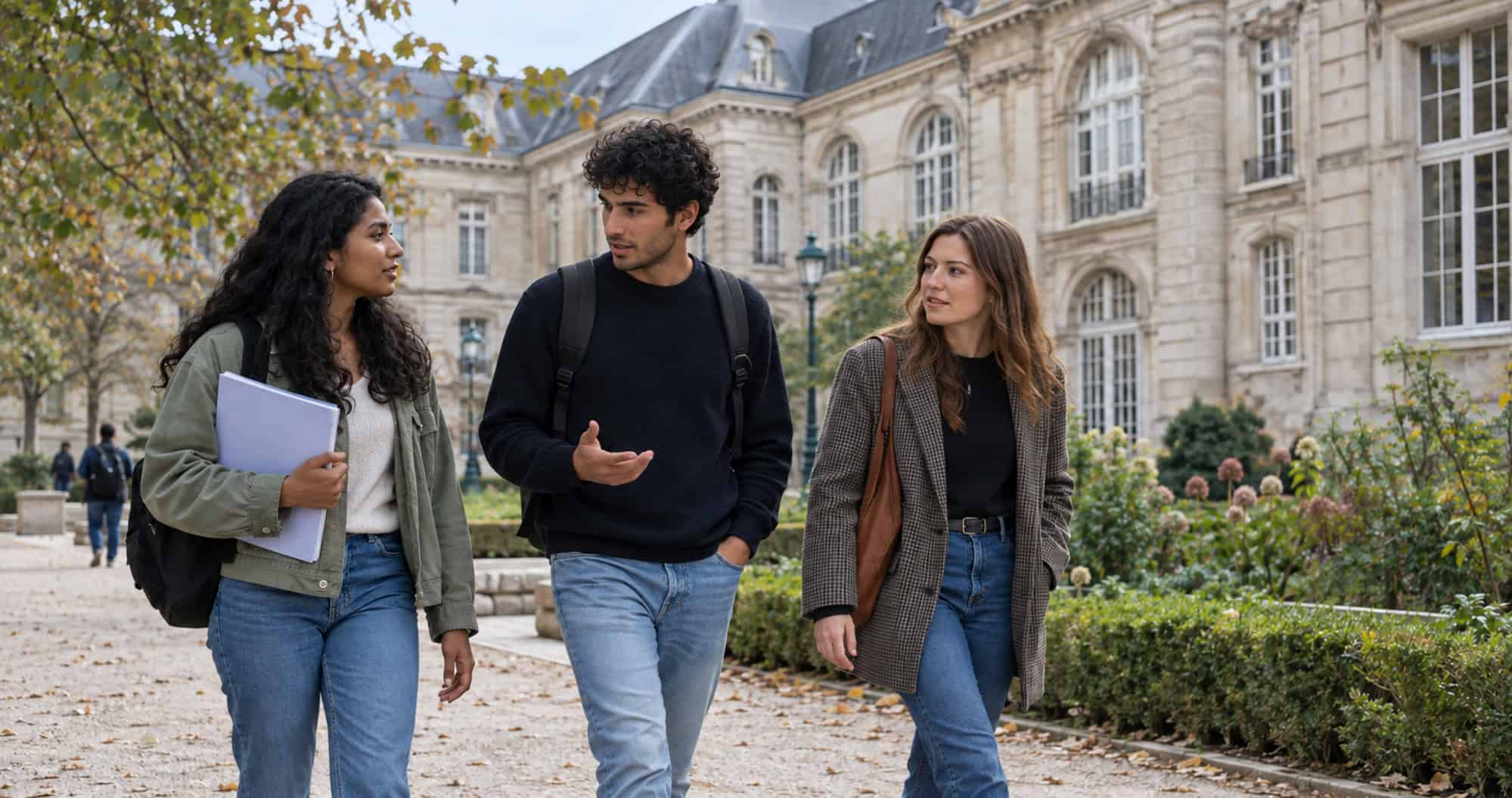 Tres jóvenes con mochilas y carpetas conversan mientras caminan por un campus universitario francés.