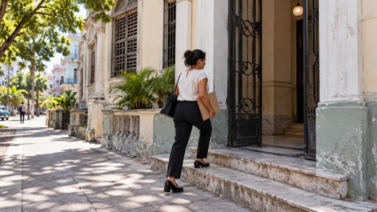 Mujer con una carpeta subiendo los escalones de un edificio en La Habana.