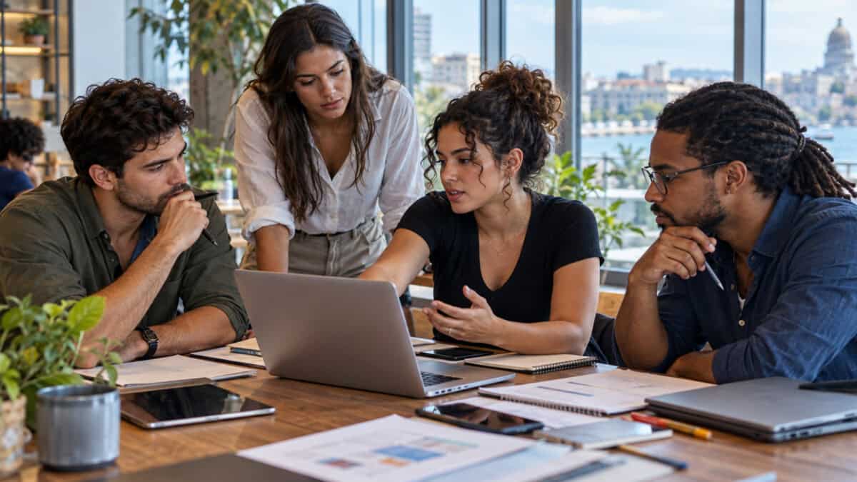 Jóvenes emprendedores trabajan en equipo alrededor de una mesa con computadoras portátiles en un espacio de coworking.