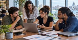 Jóvenes emprendedores trabajan en equipo alrededor de una mesa con computadoras portátiles en un espacio de coworking.