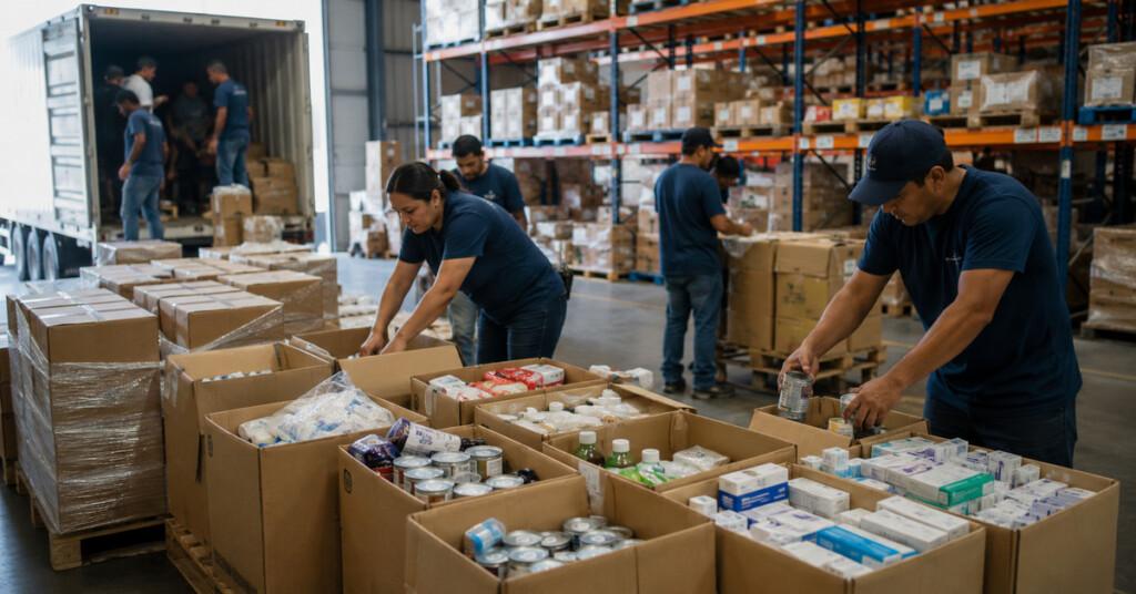 Trabajadores organizan cajas con alimentos, medicamentos y suministros médicos en un almacén logístico antes de un envío de ayuda humanitaria desde México hacia Cuba.