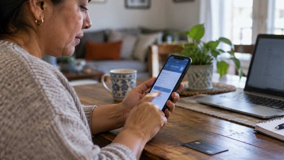 Persona adulta latina realiza una transferencia bancaria desde un smartphone en una vivienda de Estados Unidos.