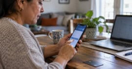 Persona adulta latina realiza una transferencia bancaria desde un smartphone en una vivienda de Estados Unidos.
