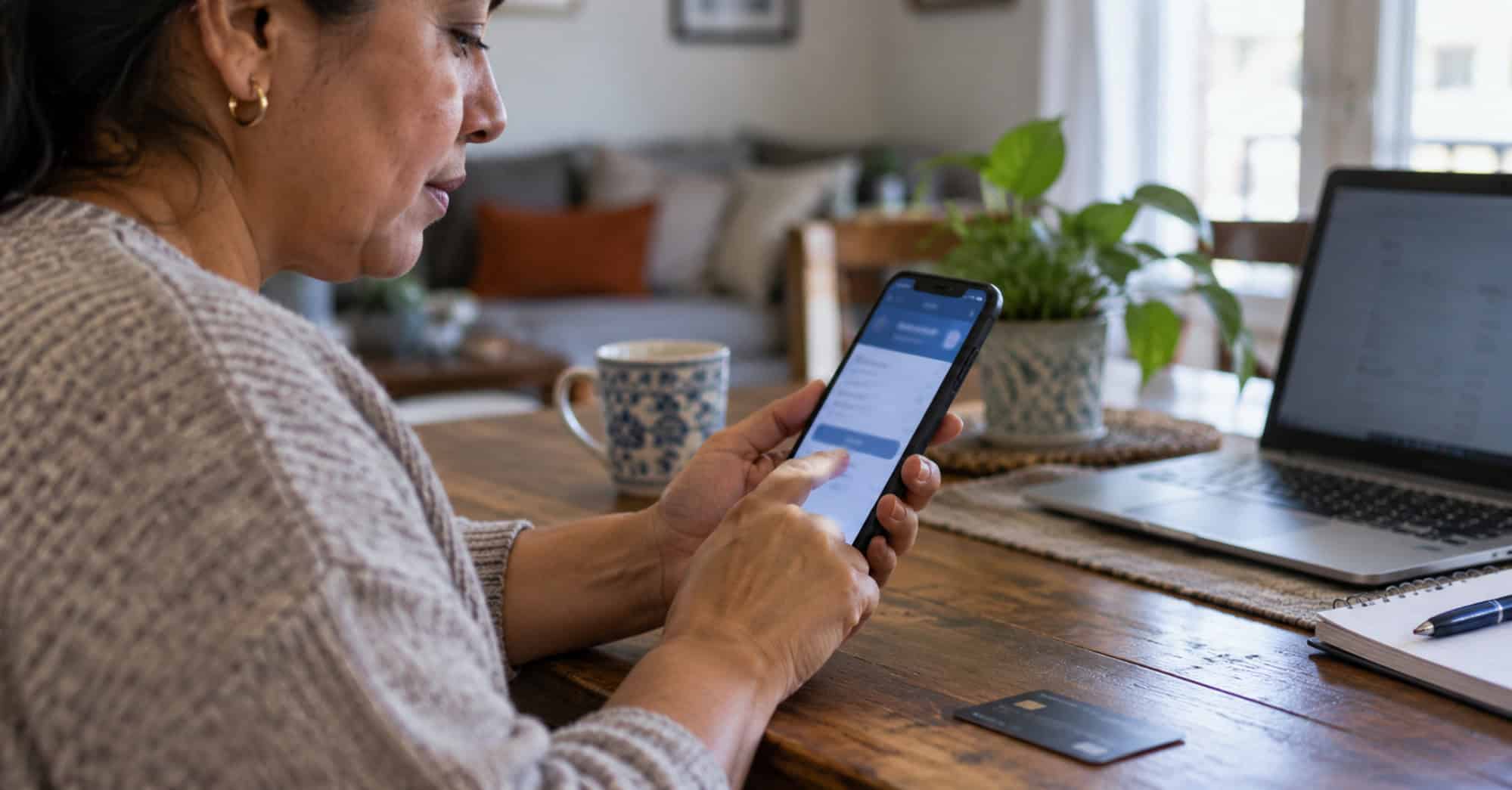 Persona adulta latina realiza una transferencia bancaria desde un smartphone en una vivienda de Estados Unidos.