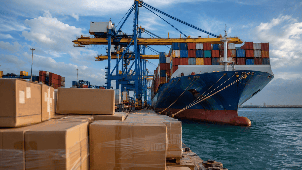 Buque portacontenedores en un puerto internacional con cajas de envío y grúas de carga preparado para transporte marítimo hacia Cuba.