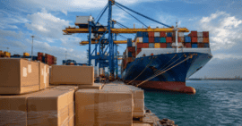 Buque portacontenedores en un puerto internacional con cajas de envío y grúas de carga preparado para transporte marítimo hacia Cuba.