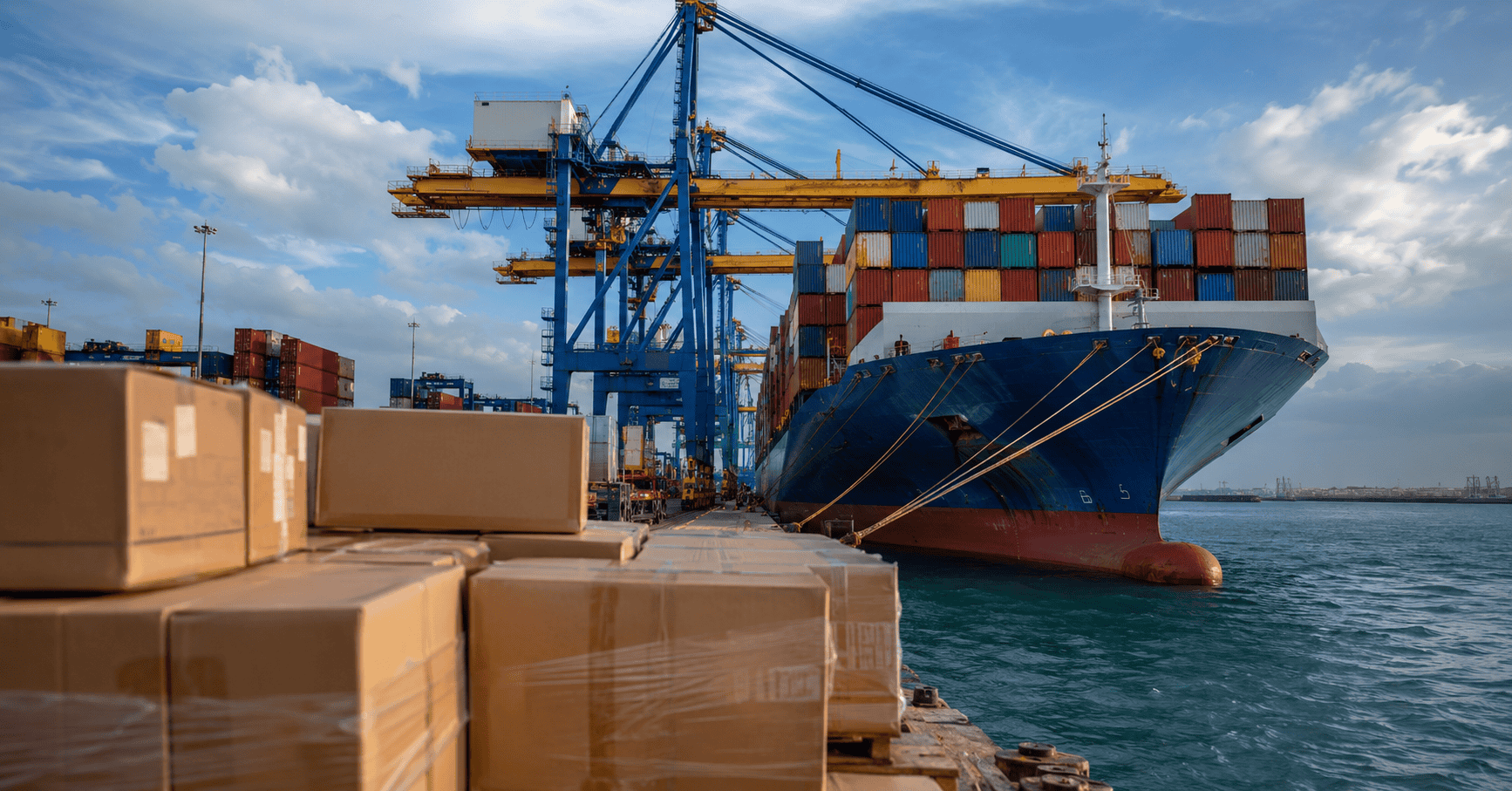 Buque portacontenedores en un puerto internacional con cajas de envío y grúas de carga preparado para transporte marítimo hacia Cuba.