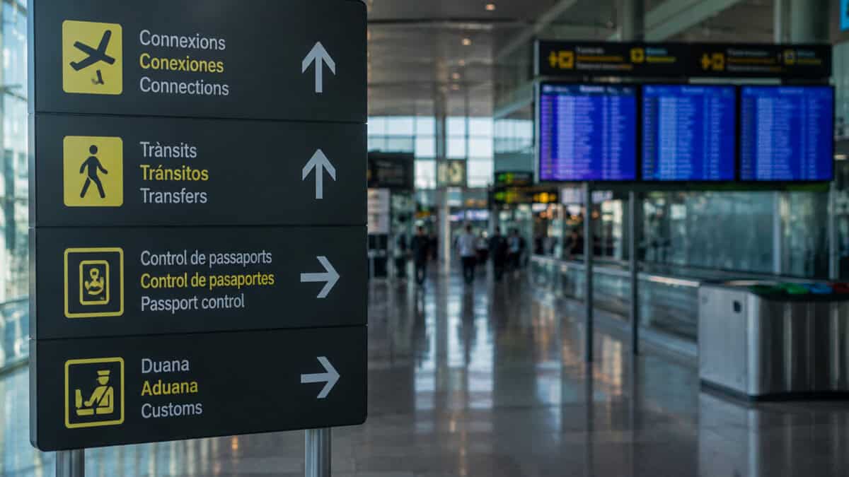 Señalización de conexiones y tránsito internacional en un aeropuerto para viajeros cubanos