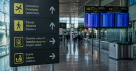 Señalización de conexiones y tránsito internacional en un aeropuerto para viajeros cubanos