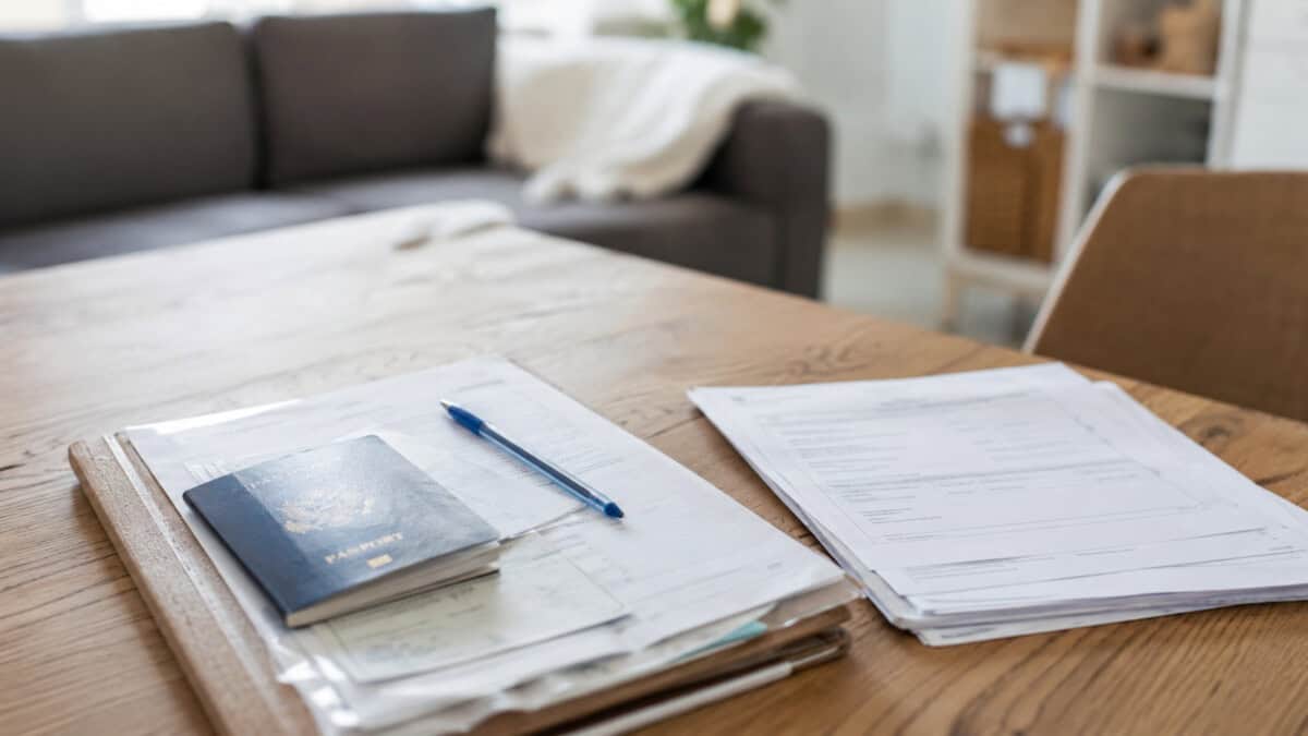 Documentos y pasaporte sobre una mesa para realizar trámites de residencia en España