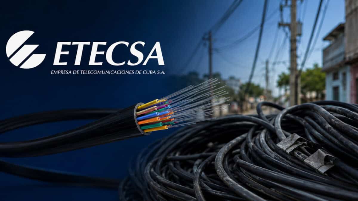 Cable de fibra óptica junto al logo de ETECSA por afectaciones en los servicios de Nauta en Cuba
