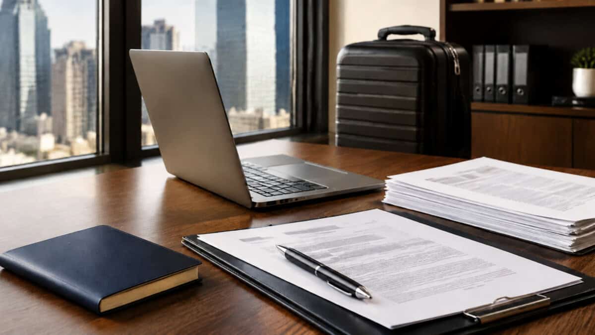 Documentos de contratación, computadora portátil y equipaje en una oficina moderna de Estados Unidos.