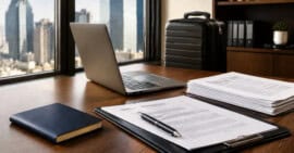 Documentos de contratación, computadora portátil y equipaje en una oficina moderna de Estados Unidos.