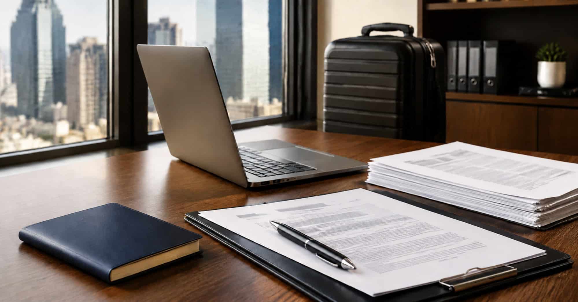 Documentos de contratación, computadora portátil y equipaje en una oficina moderna de Estados Unidos.