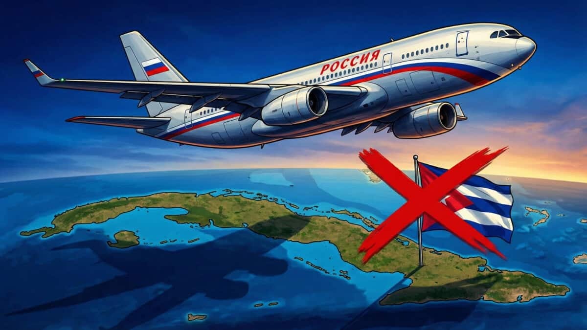 Ilustración de un avión ruso Rossiya sobrevolando Cuba con la bandera cubana tachada con una X roja.