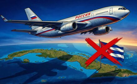 Ilustración de un avión ruso Rossiya sobrevolando Cuba con la bandera cubana tachada con una X roja.