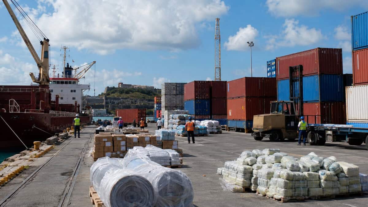 Terminal portuaria relacionada con Cuba, con contenedores, mercancías organizadas y trabajadores realizando operaciones logísticas.