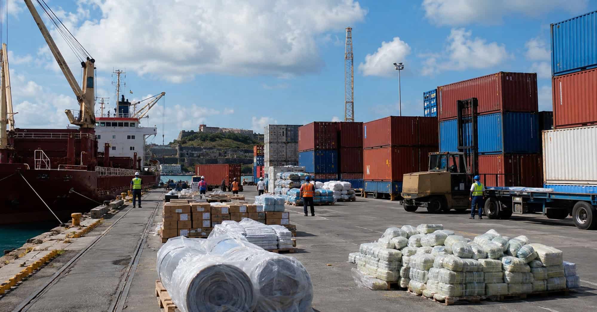 Terminal portuaria relacionada con Cuba, con contenedores, mercancías organizadas y trabajadores realizando operaciones logísticas.