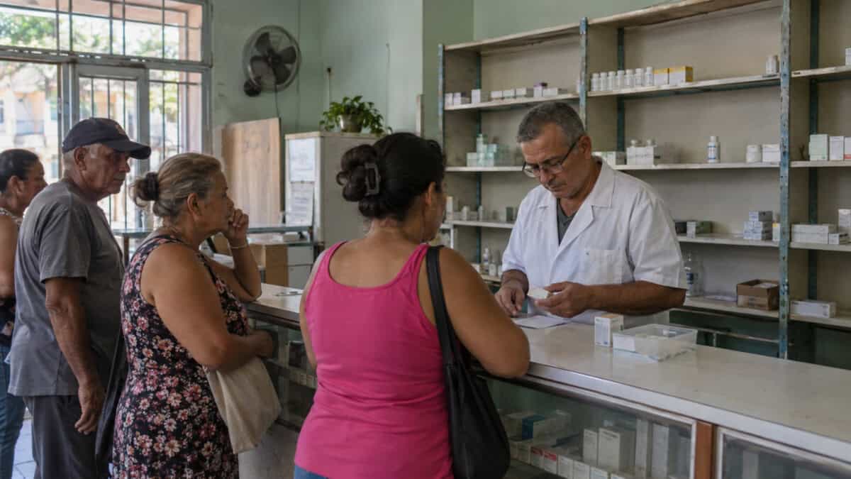 Farmacéutico atiende a varios clientes en una farmacia comunitaria cubana con estanterías parcialmente abastecidas.