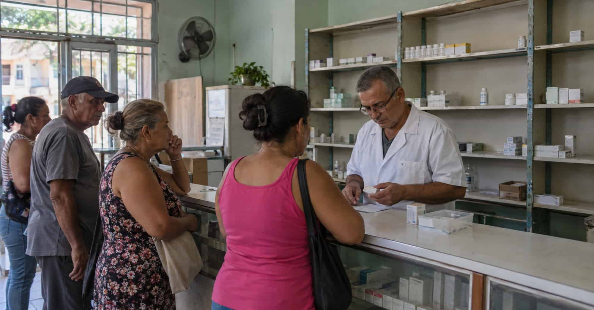 Farmacéutico atiende a varios clientes en una farmacia comunitaria cubana con estanterías parcialmente abastecidas.