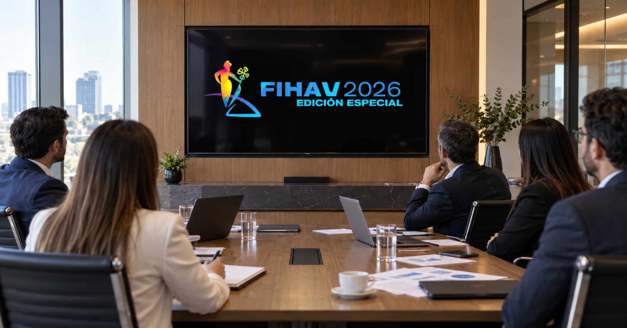 Empresarios participan en una reunión mientras observan la presentación de FIHAV 2026 en una pantalla.