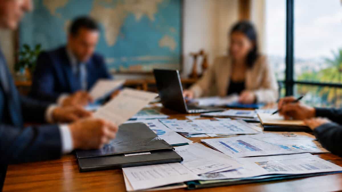 Ejecutivos desenfocados revisan documentos financieros durante una reunión sobre operaciones internacionales vinculadas con Cuba.