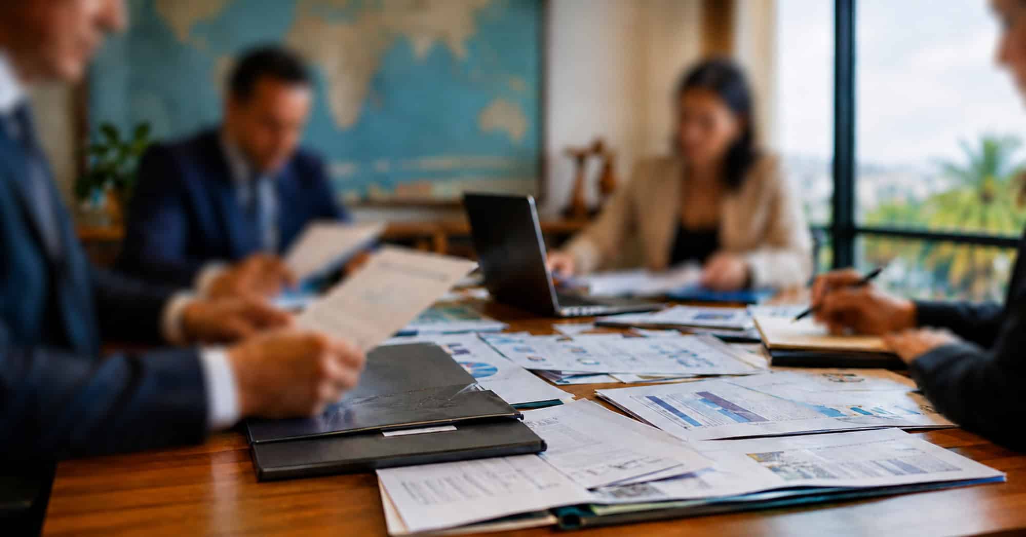Ejecutivos desenfocados revisan documentos financieros durante una reunión sobre operaciones internacionales vinculadas con Cuba.
