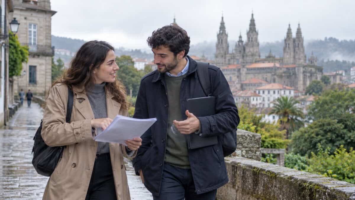 Dos jóvenes revisan documentos profesionales en un entorno urbano de Galicia, España.