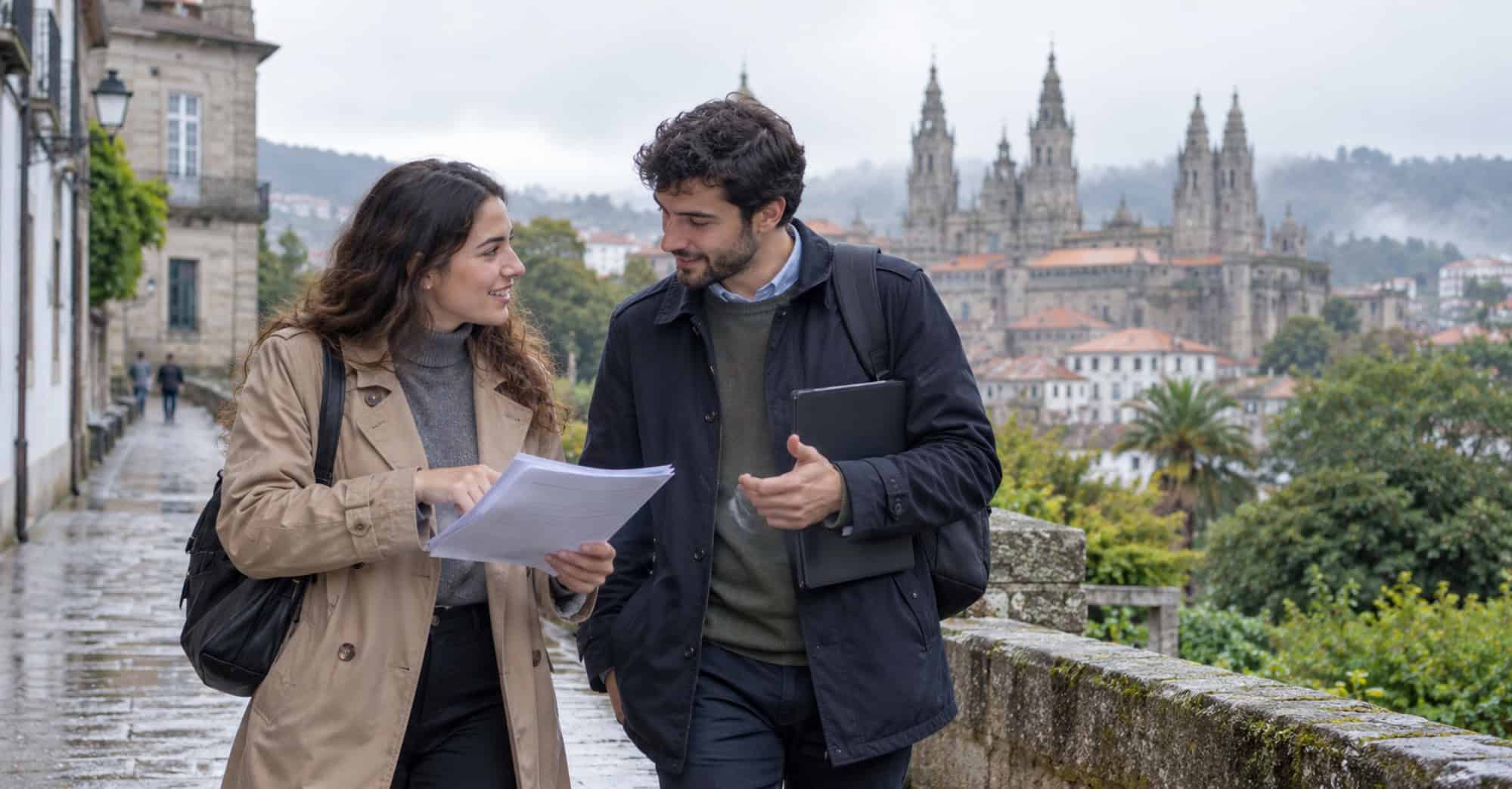 Dos jóvenes revisan documentos profesionales en un entorno urbano de Galicia, España.