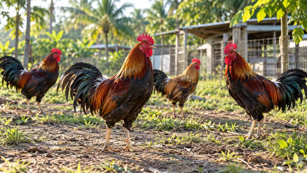 Varios gallos de plumaje rojizo, marrón y negro sobre terreno de tierra, con cercas y estructuras agrícolas al fondo.