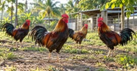 Varios gallos de plumaje rojizo, marrón y negro sobre terreno de tierra, con cercas y estructuras agrícolas al fondo.