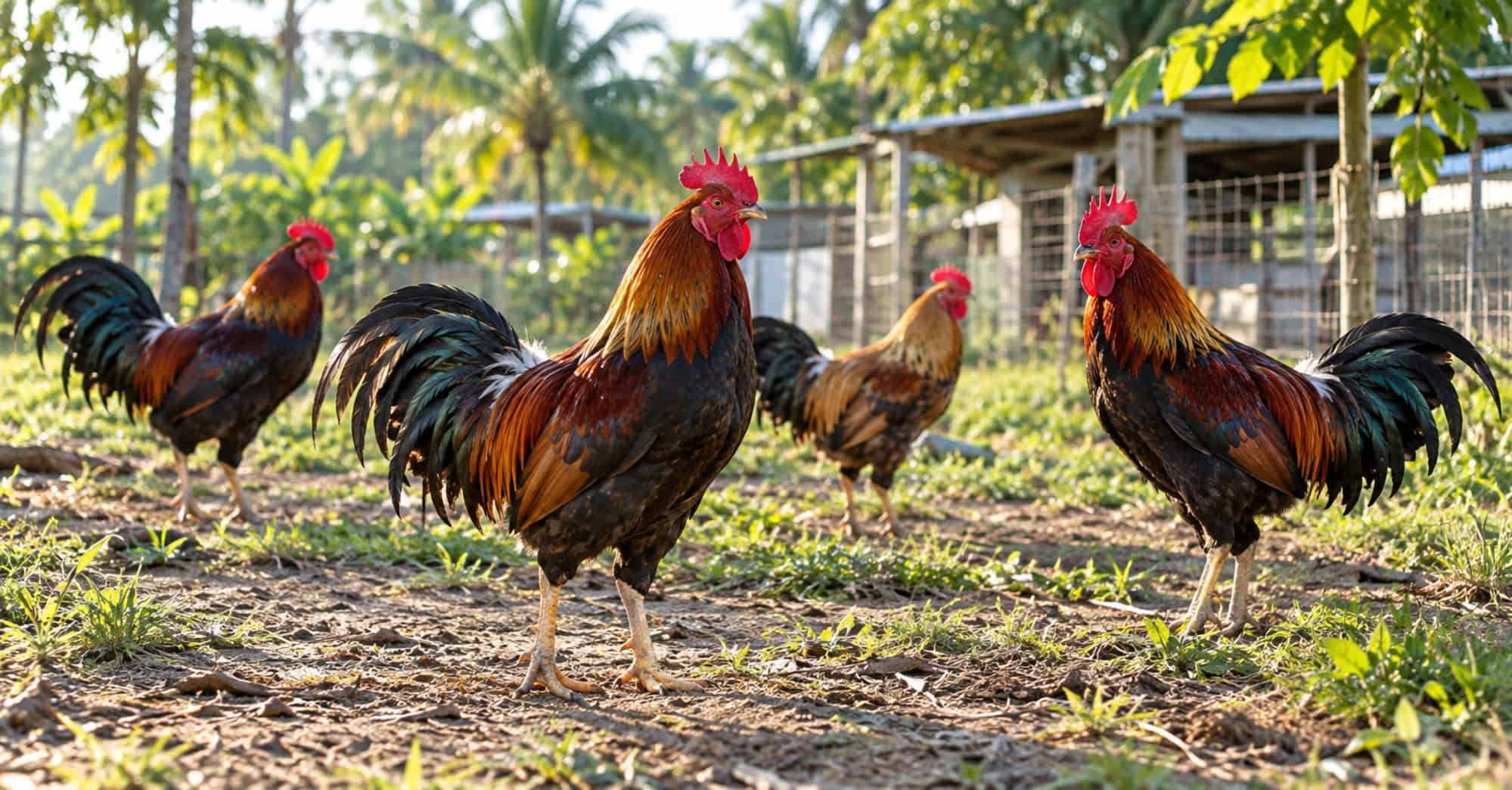 Varios gallos de plumaje rojizo, marrón y negro sobre terreno de tierra, con cercas y estructuras agrícolas al fondo.