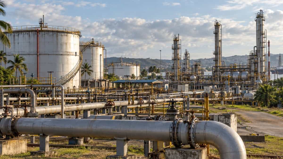 Imagen generada de una instalación de petróleo y gas con tanques, tuberías y estructuras de procesamiento en un entorno caribeño.