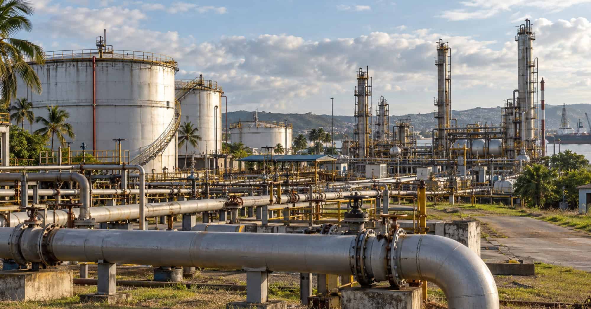 Imagen generada de una instalación de petróleo y gas con tanques, tuberías y estructuras de procesamiento en un entorno caribeño.