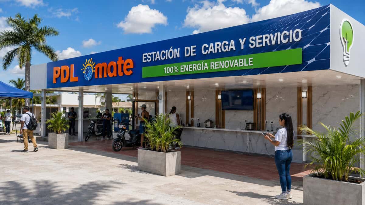 Solinera en Cuba equipada con paneles solares donde varias personas cargan teléfonos, ollas eléctricas y una motorina eléctrica.