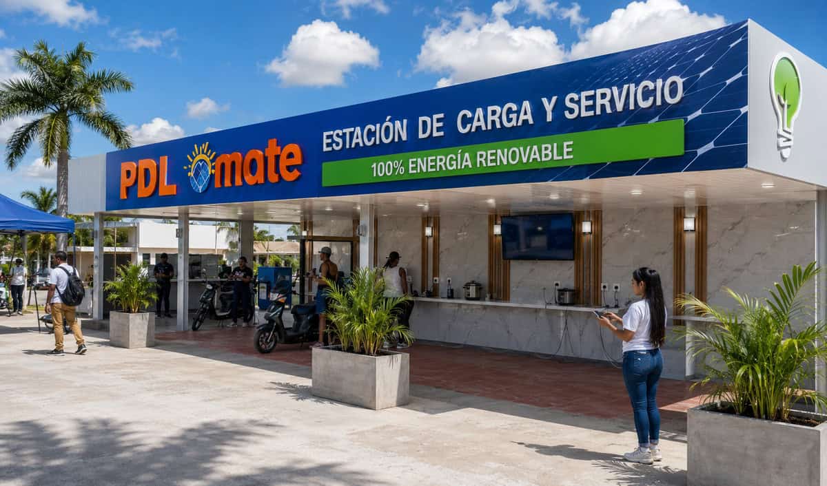Solinera en Cuba equipada con paneles solares donde varias personas cargan teléfonos, ollas eléctricas y una motorina eléctrica.