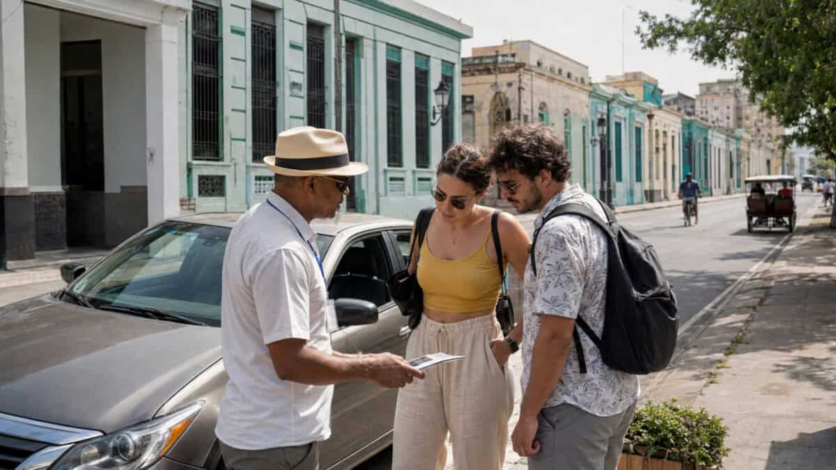 Guía turístico cubano conversa con dos viajeros junto a un automóvil de transporte privado en una calle de Cuba.