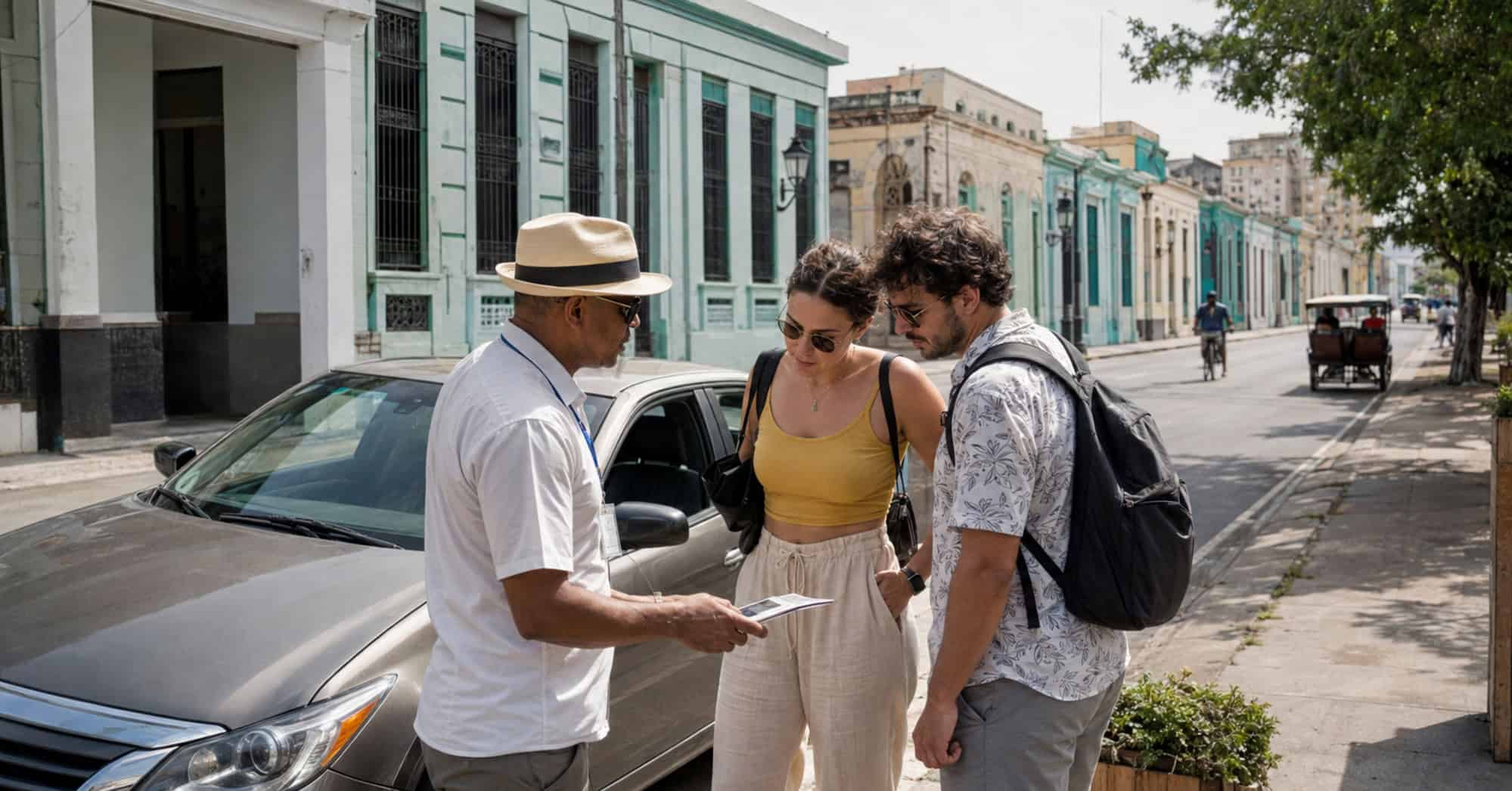 Guía turístico cubano conversa con dos viajeros junto a un automóvil de transporte privado en una calle de Cuba.