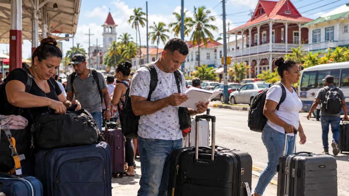 Viajeros con maletas y documentos en una escena editorial ambientada en Georgetown, Guyana.