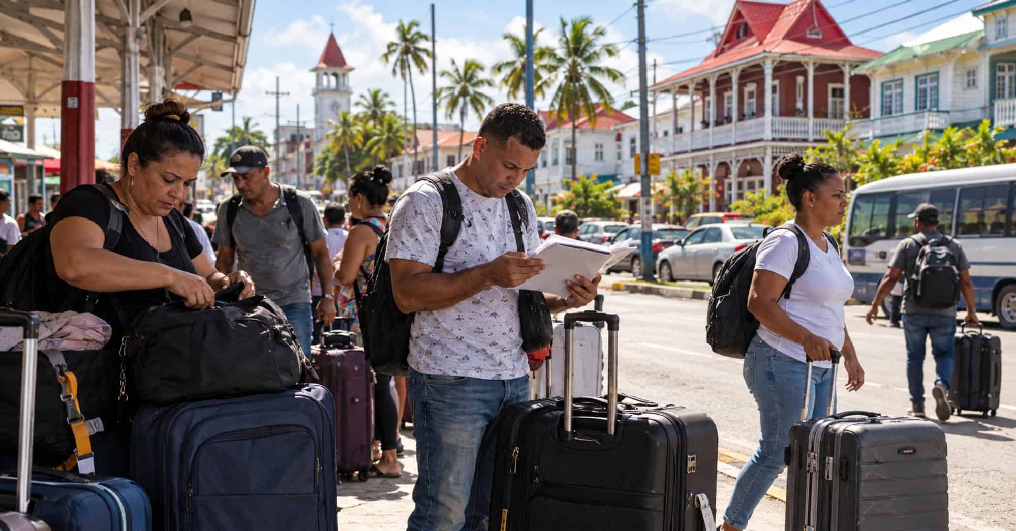Viajeros con maletas y documentos en una escena editorial ambientada en Georgetown, Guyana.