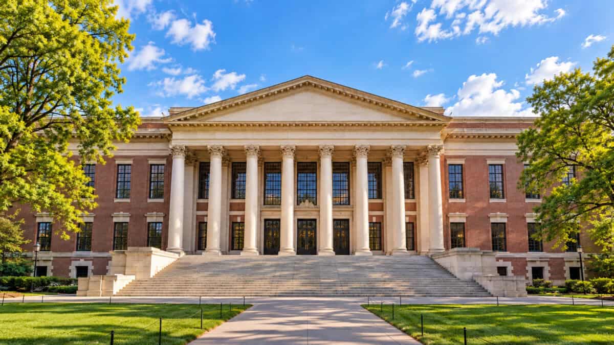 Recreación del frente de la Biblioteca Widener de Harvard, con su escalinata y columnas, sin personas.