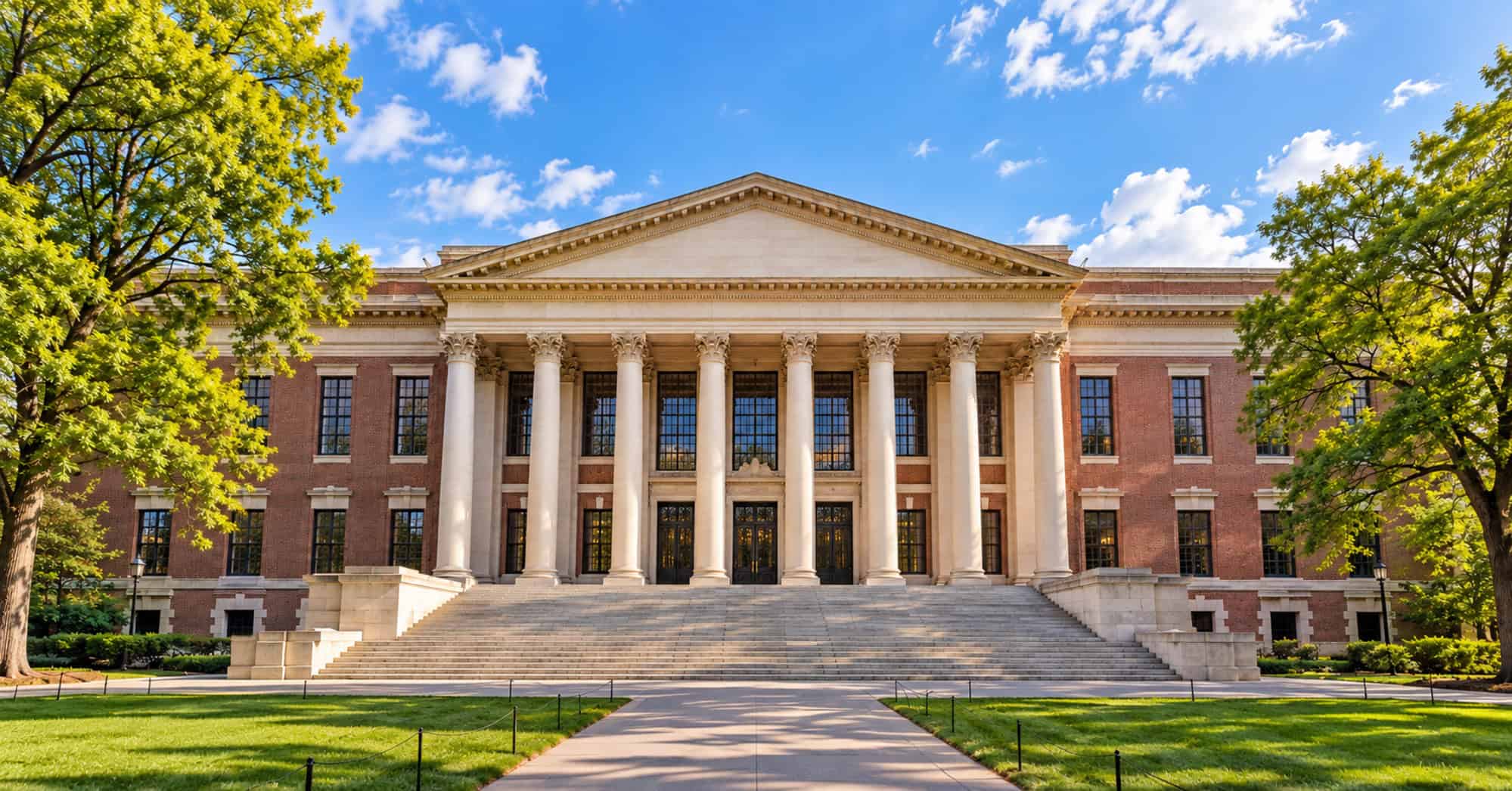 Recreación del frente de la Biblioteca Widener de Harvard, con su escalinata y columnas, sin personas.